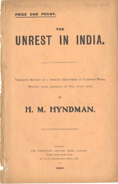 The Unrest in India 1907 pamphlet by Hyndman